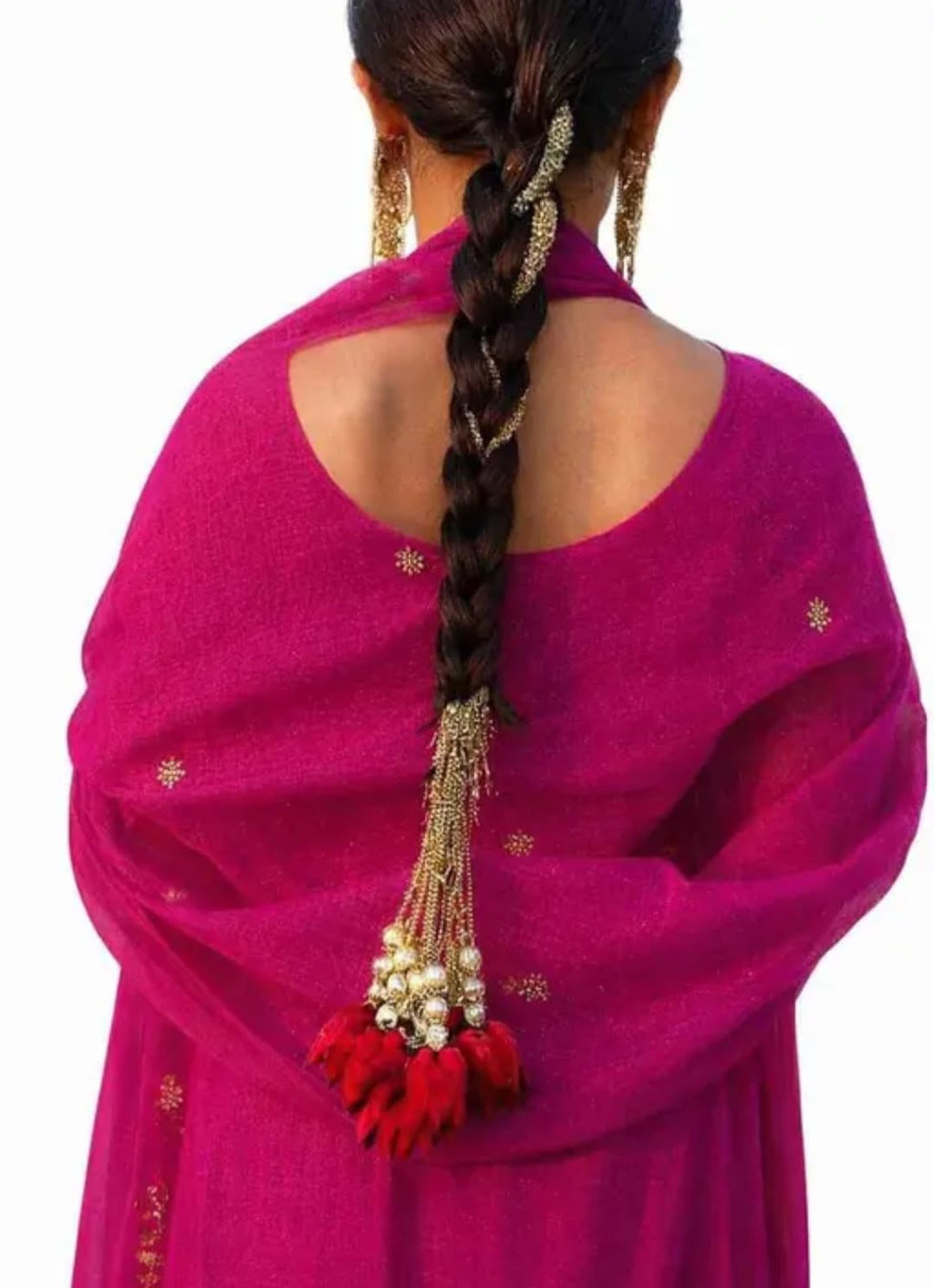 Bridal Braid Hair Chain, Gold Tone with Red Tassels and Pearl Beads, Traditional Indian Style, paranda