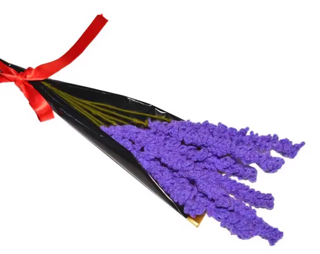 Artificial Lavender Bouquet, Purple Crochet Flowers, Gift Wrapped with Red Ribbon, Home Decor
