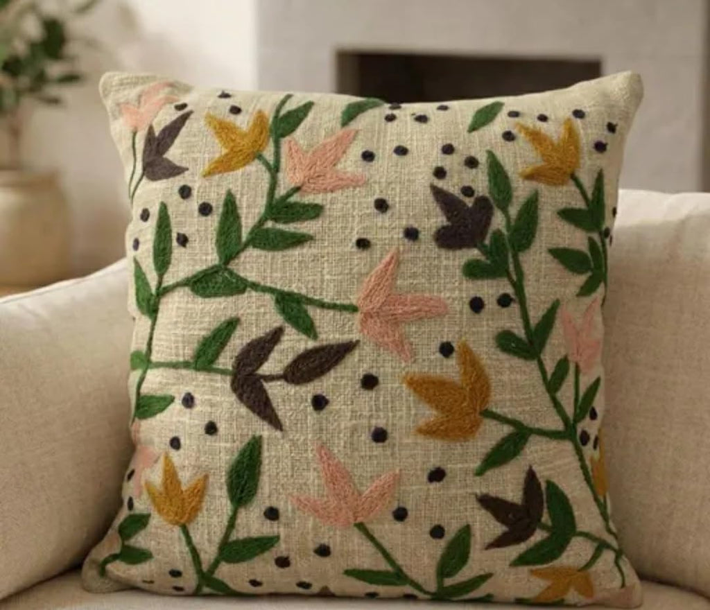 Floral Handmade Throw Pillow Cover, Botanical Print, Green Pink Yellow, Linen-Look Fabric, Decorative Cushion for Sofa