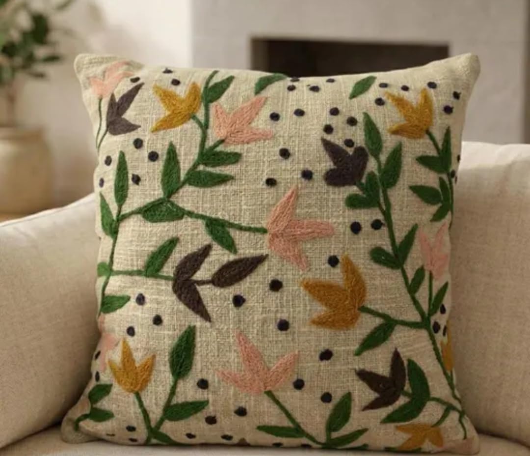 Floral Handmade Throw Pillow Cover, Botanical Print, Green Pink Yellow, Linen-Look Fabric, Decorative Cushion for Sofa