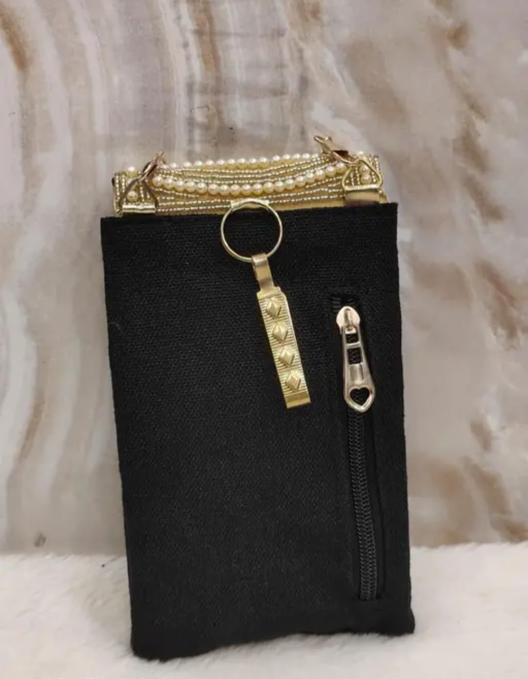 Black Clutch Bag with Pearl Beaded Flap and Gold Chain Strap, Evening Crossbody Purse