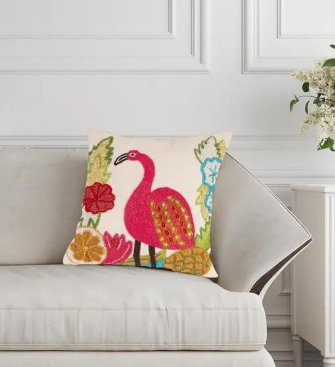 Beaded Flamingo Throw Pillow Cover, Tropical Floral Embroidered Cushion Cover, Colorful Bird Design, Cream