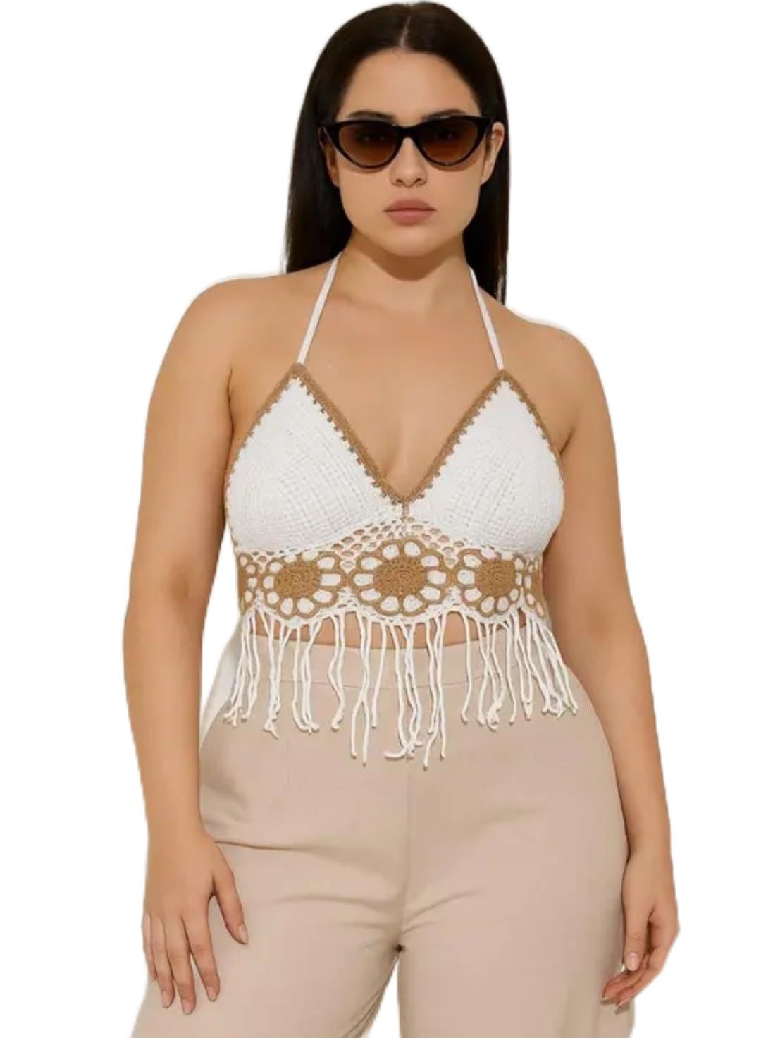 Women's Crochet Halter Crop Top, White and Tan, Fringe Hem, Floral Detail