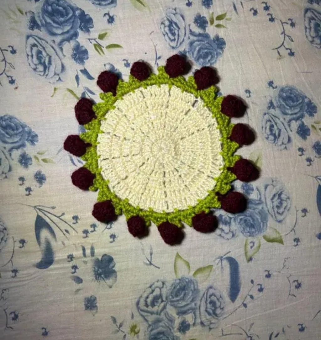 Handmade Crochet Coaster Cum Bouquet Cream Green Brown, Rose Border, Home Decor