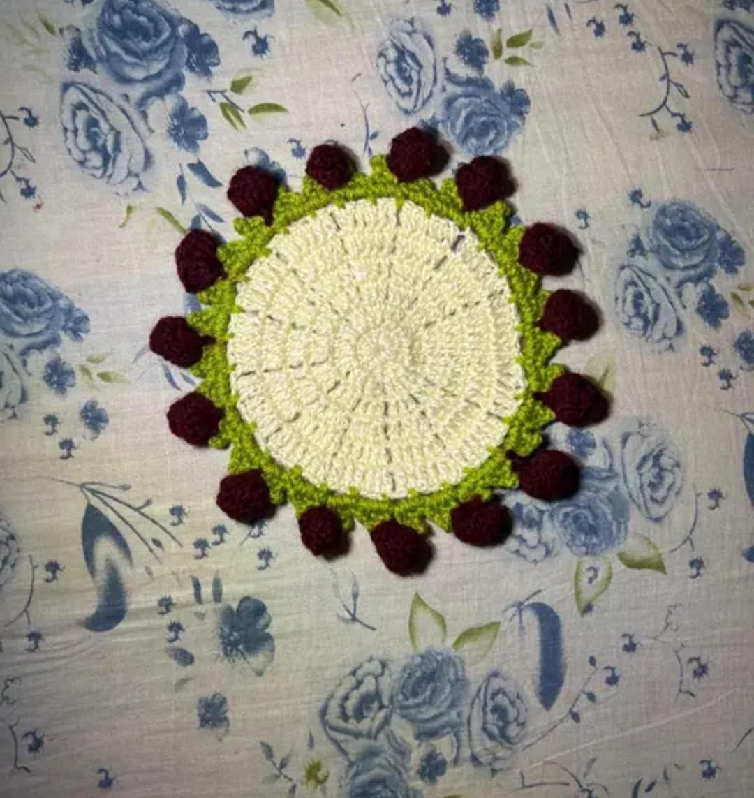 Handmade Crochet Coaster Cum Bouquet Cream Green Brown, Rose Border, Home Decor