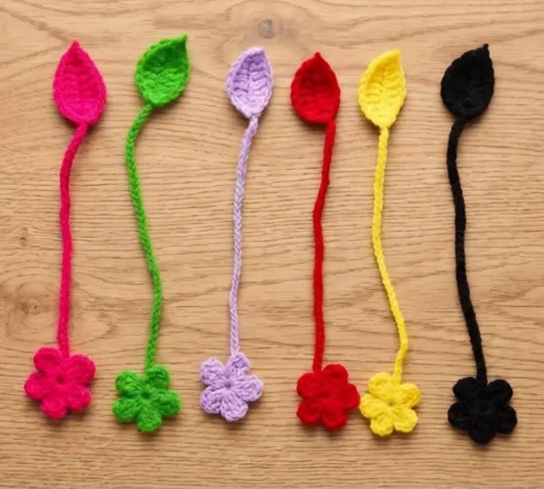 Handmade Crochet Flower Bookmarks, Multicolor, Knitted Floral with Leaf Design, Set of 4, Random Colors