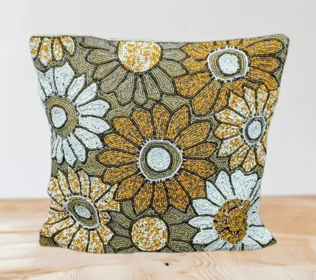 Beaded Floral Decorative Throw Pillow Cover, Yellow and White Flowers, Handcrafted Design