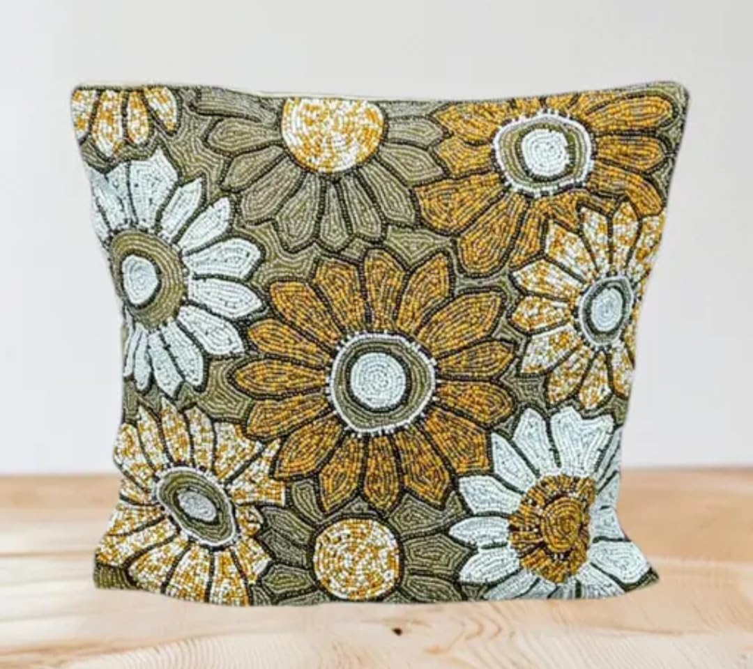 Beaded Floral Decorative Throw Pillow Cover, Yellow and White Flowers, Handcrafted Design