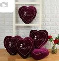 Decorative Heart Shaped Love Throw Pillows, Burgundy Velvet, Embroidered Design, Romantic Home Decor, Set of 5