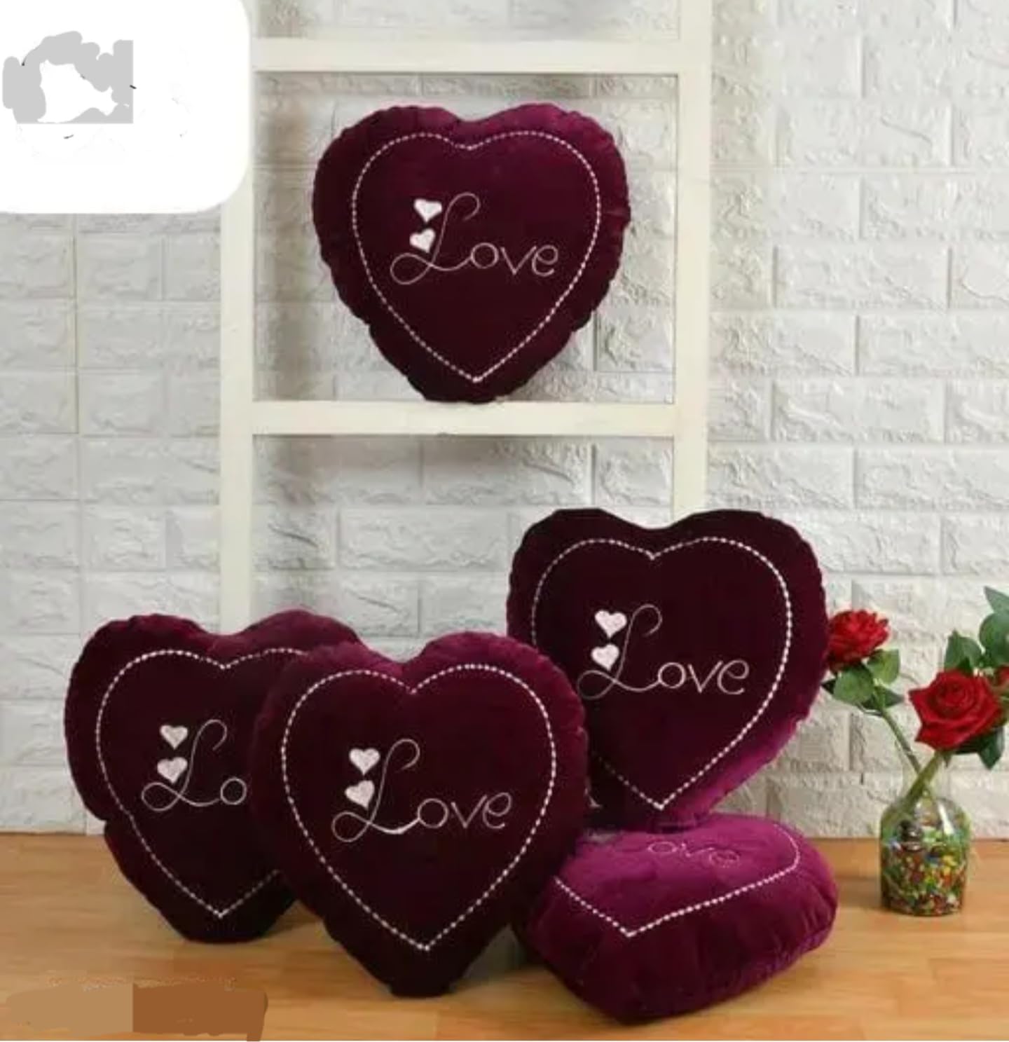 Decorative Heart Shaped Love Throw Pillows, Burgundy Velvet, Embroidered Design, Romantic Home Decor, Set of 5