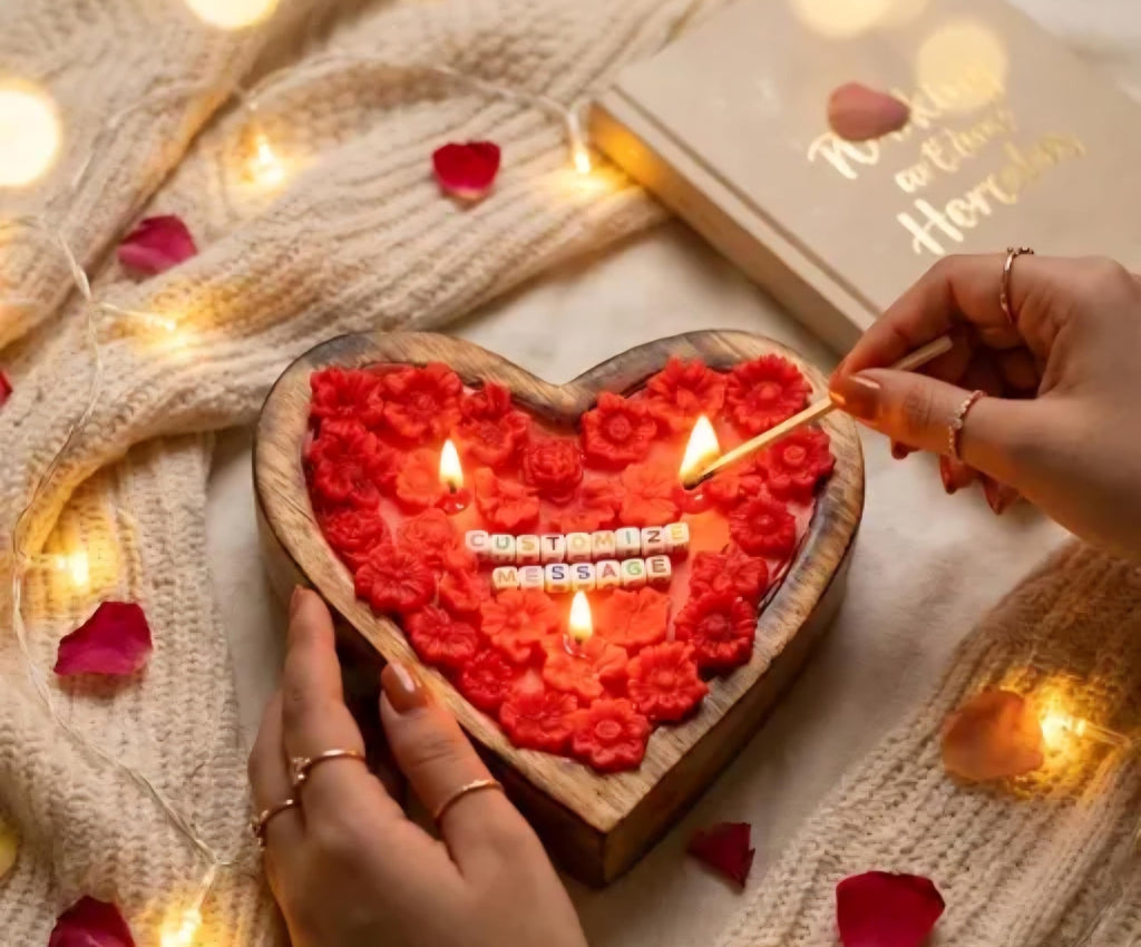 Heart-Shaped Wooden Tray Candle with Red Floral Wax, Customizable Message, Valentine's Gift