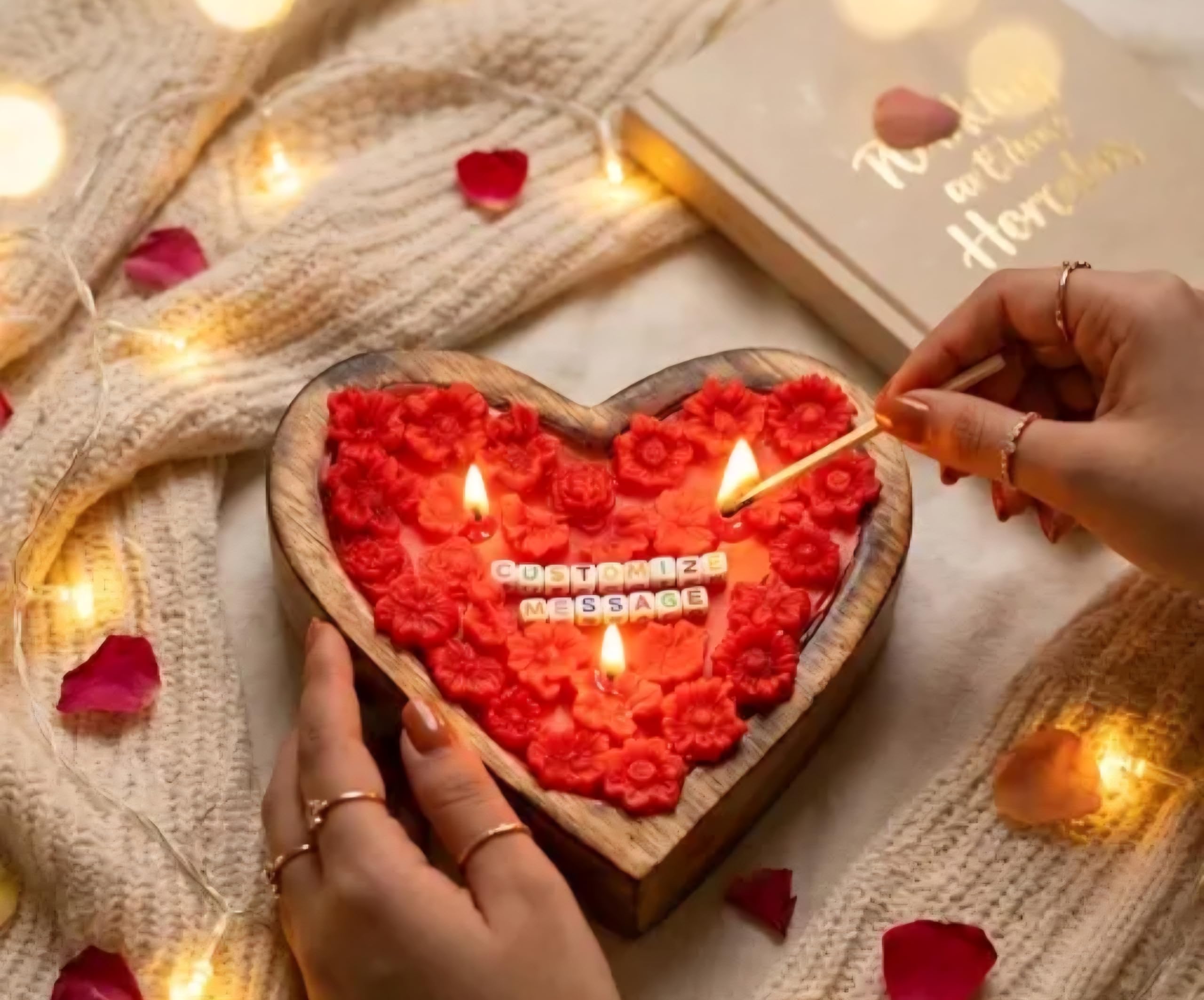 Heart-Shaped Wooden Tray Candle with Red Floral Wax, Customizable Message, Valentine's Gift