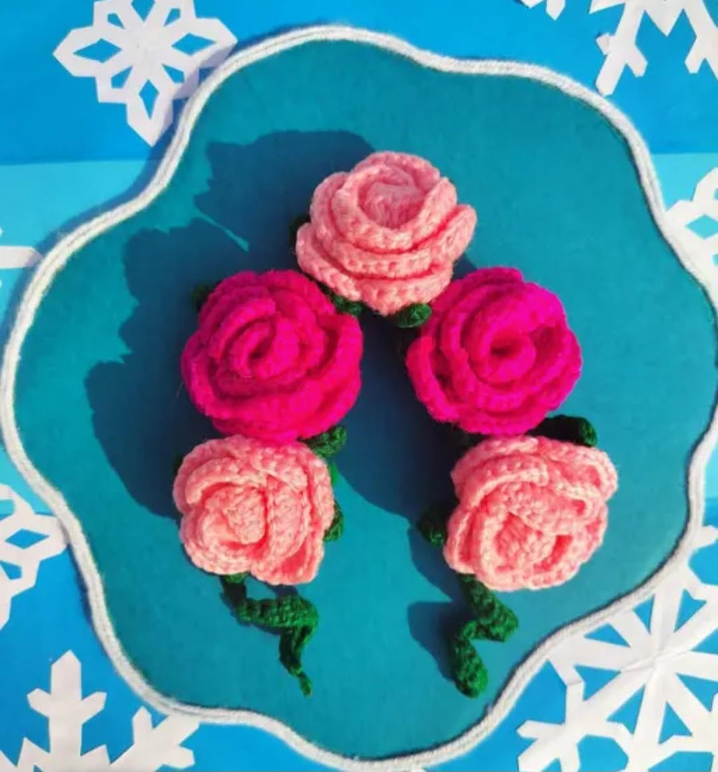 Handmade Crochet Rose Hair Accessories, Pink & Magenta Floral Bun Pins, Knitted Flower Hair Decor