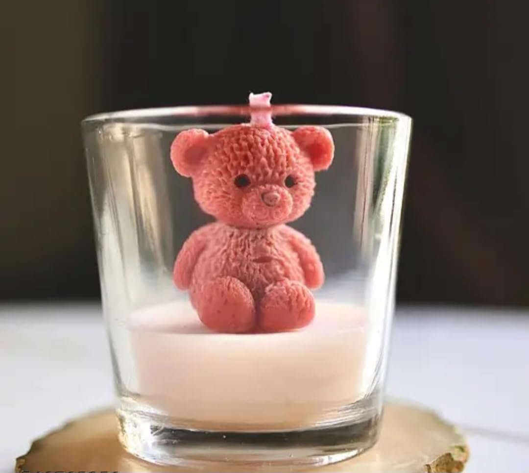 Teddy Bear Candle, Pink, Decorative Wax Figure, Cute Sitting Bear Design