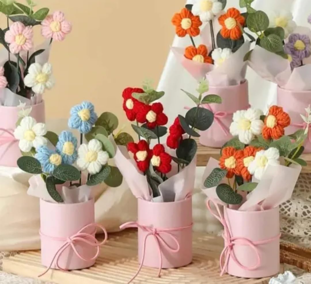 Artificial Red Flower Bouquet with Eucalyptus Leaves, Pink Wrapped Gift, Decorative Floral Arrangement