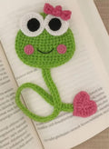 Handmade Crochet Frog Bookmark, Green and Pink, Cute Animal Design with Heart Accent, Book Lover Gift, Set of 2