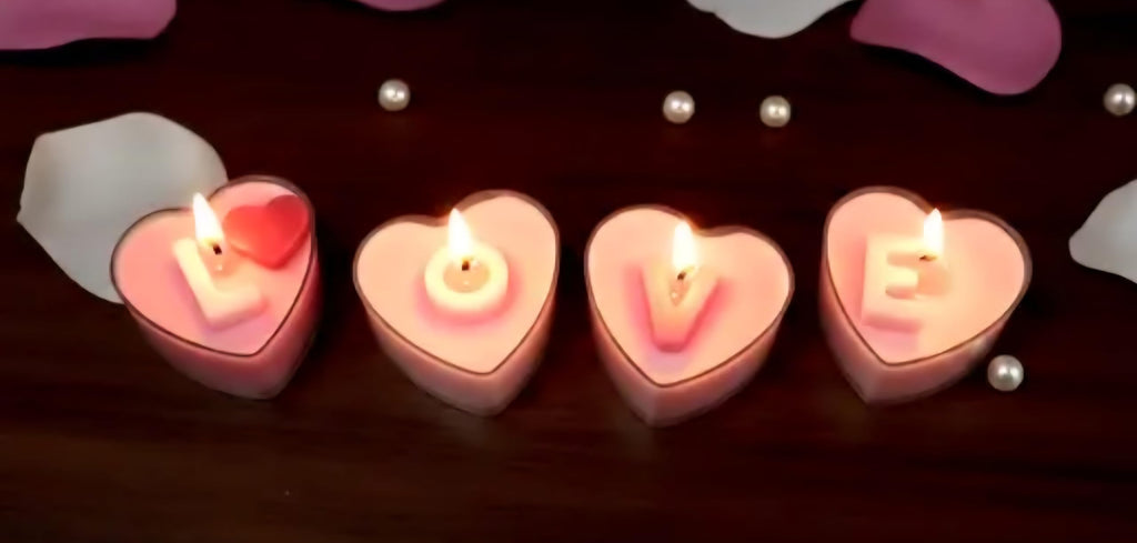 Decorative Candle Set, Rose Hand Holding Flower with Heart-Shaped Tea Lights, Pink and White, Romantic Theme