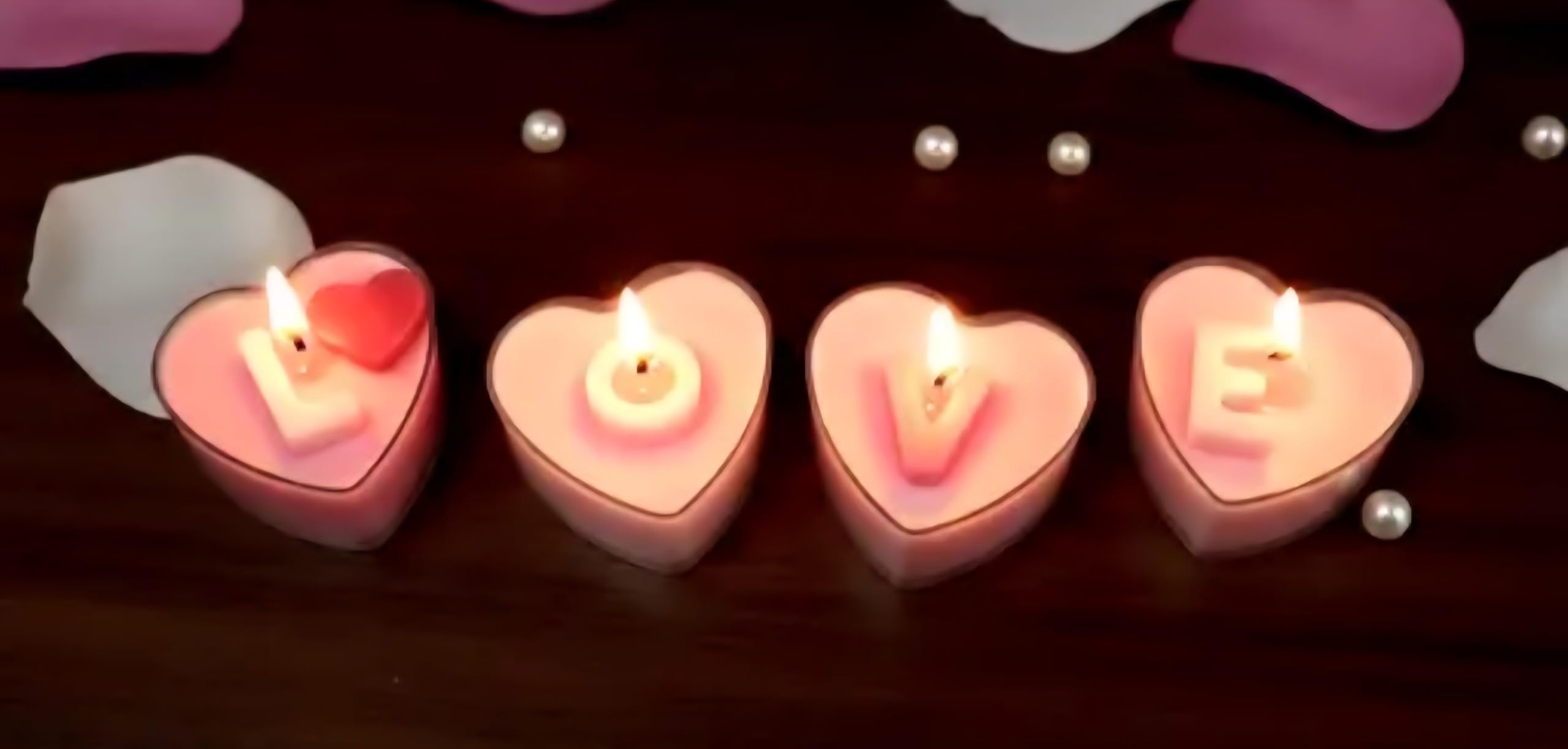 Decorative Candle Set, Rose Hand Holding Flower with Heart-Shaped Tea Lights, Pink and White, Romantic Theme