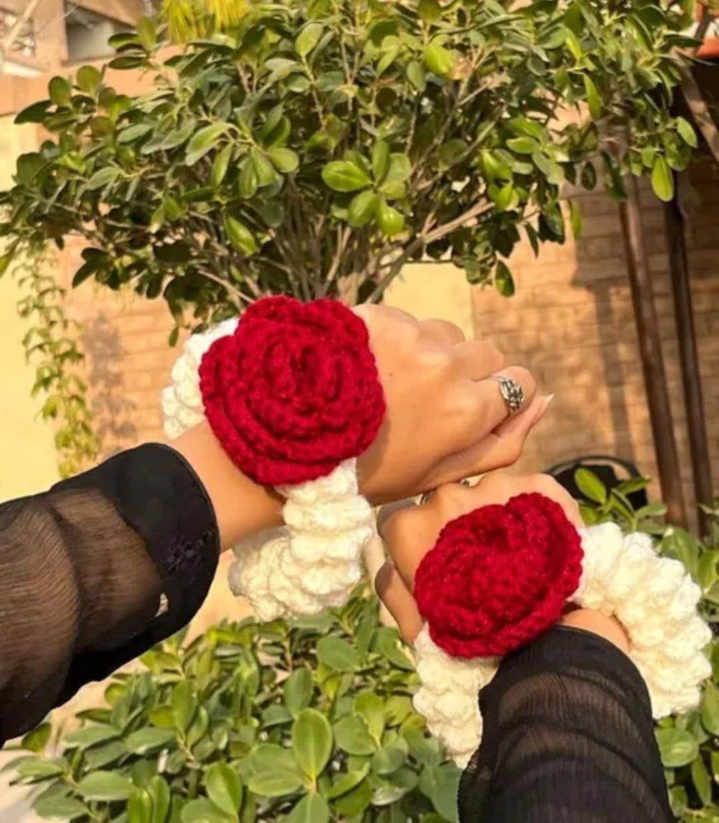Crochet Rose Wristband Bracelet, Red and White, Handmade Floral Corsage, Set of 2