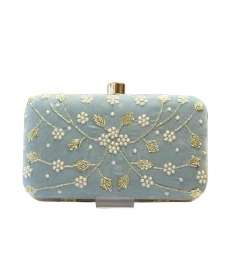 Embroidered Clutch Bag, Light Blue, Pearl Beaded Floral Design, Gold Accents, Evening Purse