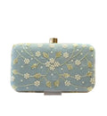 Embroidered Clutch Bag, Light Blue, Pearl Beaded Floral Design, Gold Accents, Evening Purse