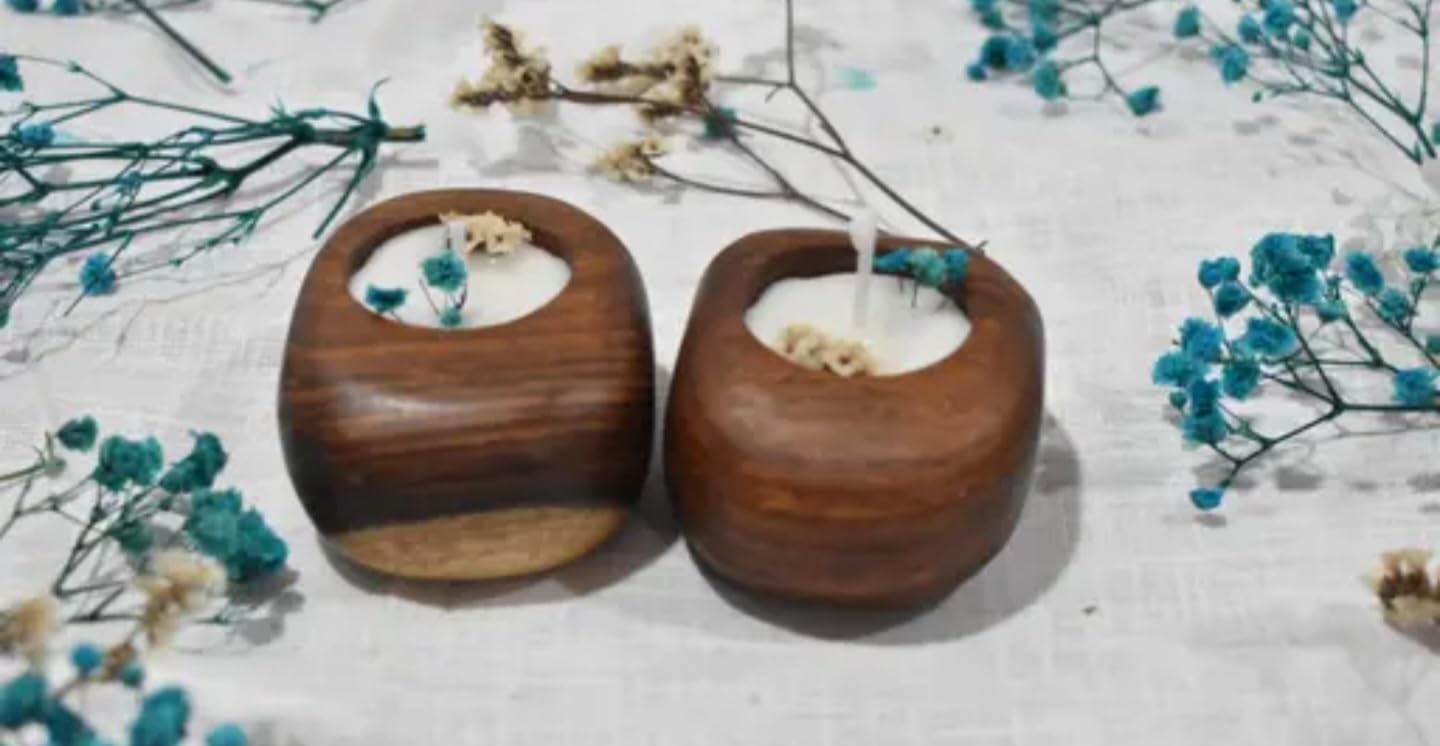 Handcrafted Wooden Tealight Candles, Dark Brown, Set of 2, Rustic Home Decor with Floral Arrangement