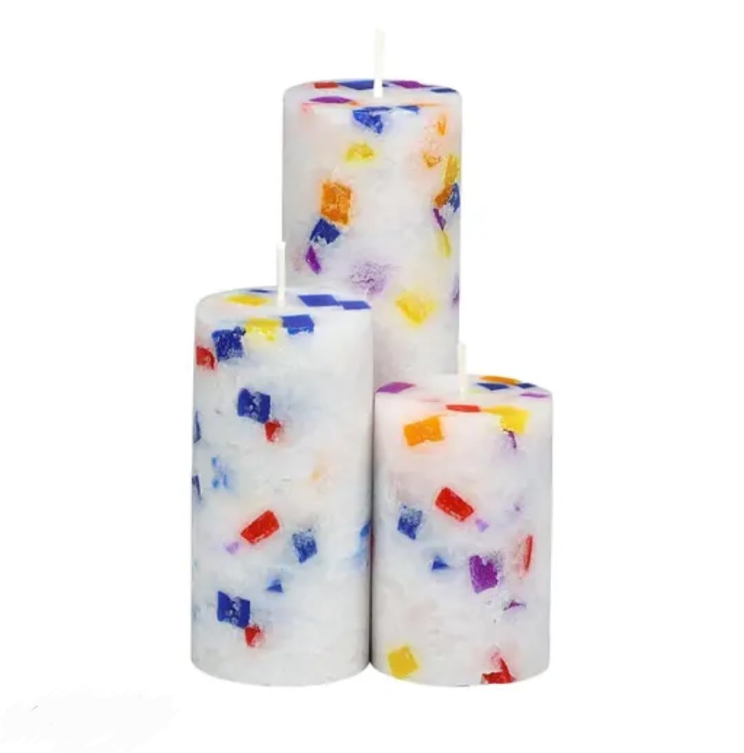 Colorful Confetti Pillar Candles, White Wax, Multicolor Mosaic Design, Set of 3, Home Decor