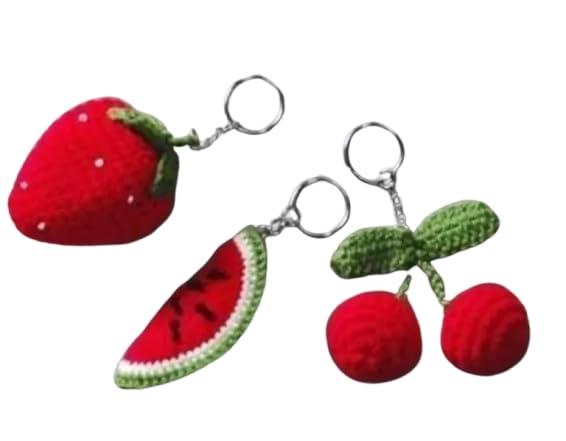 Handmade Crochet Fruit Keychains, Strawberry Watermelon Cherry Design, Red and Green