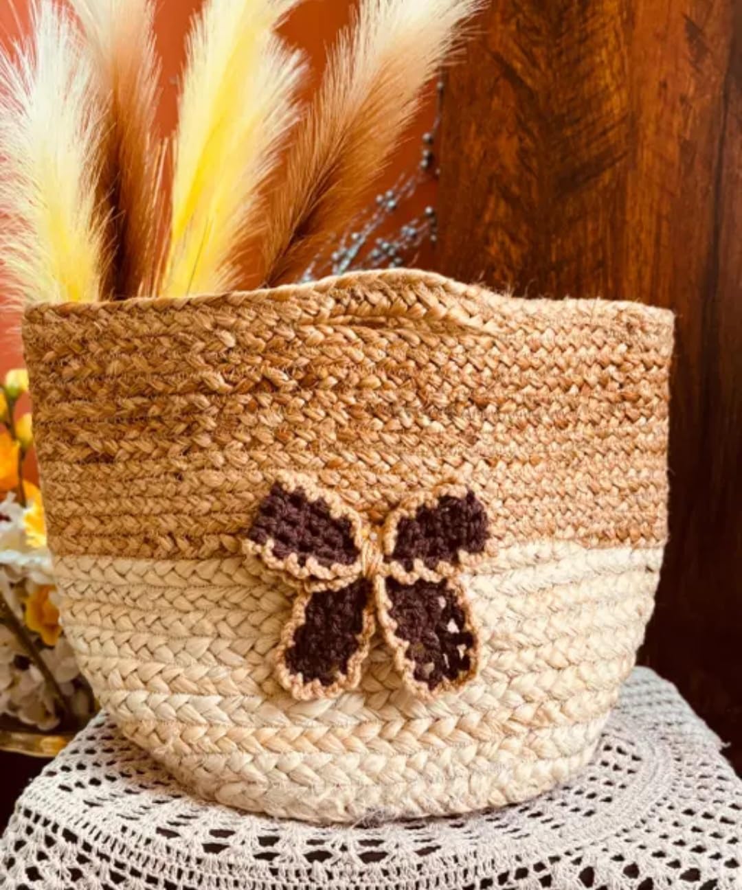 Handwoven Jute Storage Basket with Crochet Butterfly Detail, Natural Beige and Brown, Boho Style