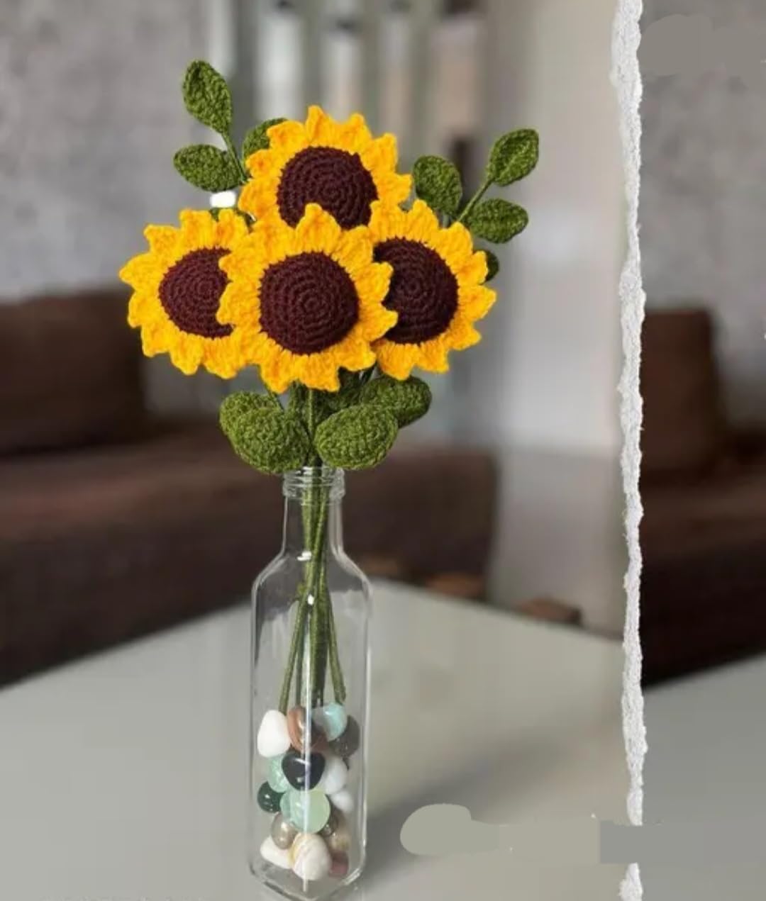 Handmade Crochet Sunflower Bouquet, Yellow and Green, Knitted Artificial Flowers, Home Decor, 4 Flowers