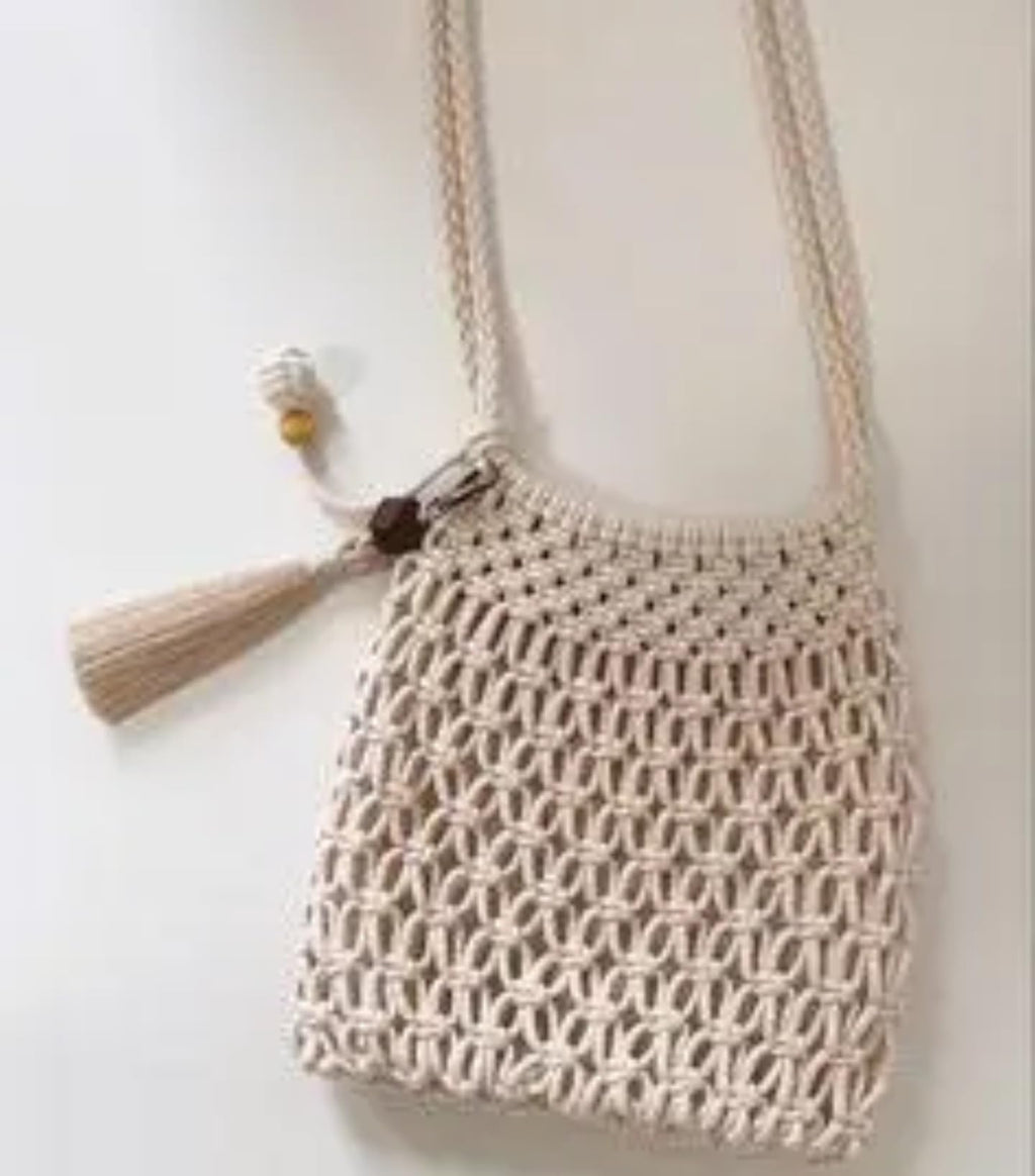 Handmade Macrame Hanging Storage Bag, Cream Cotton Rope, Wall Organiser