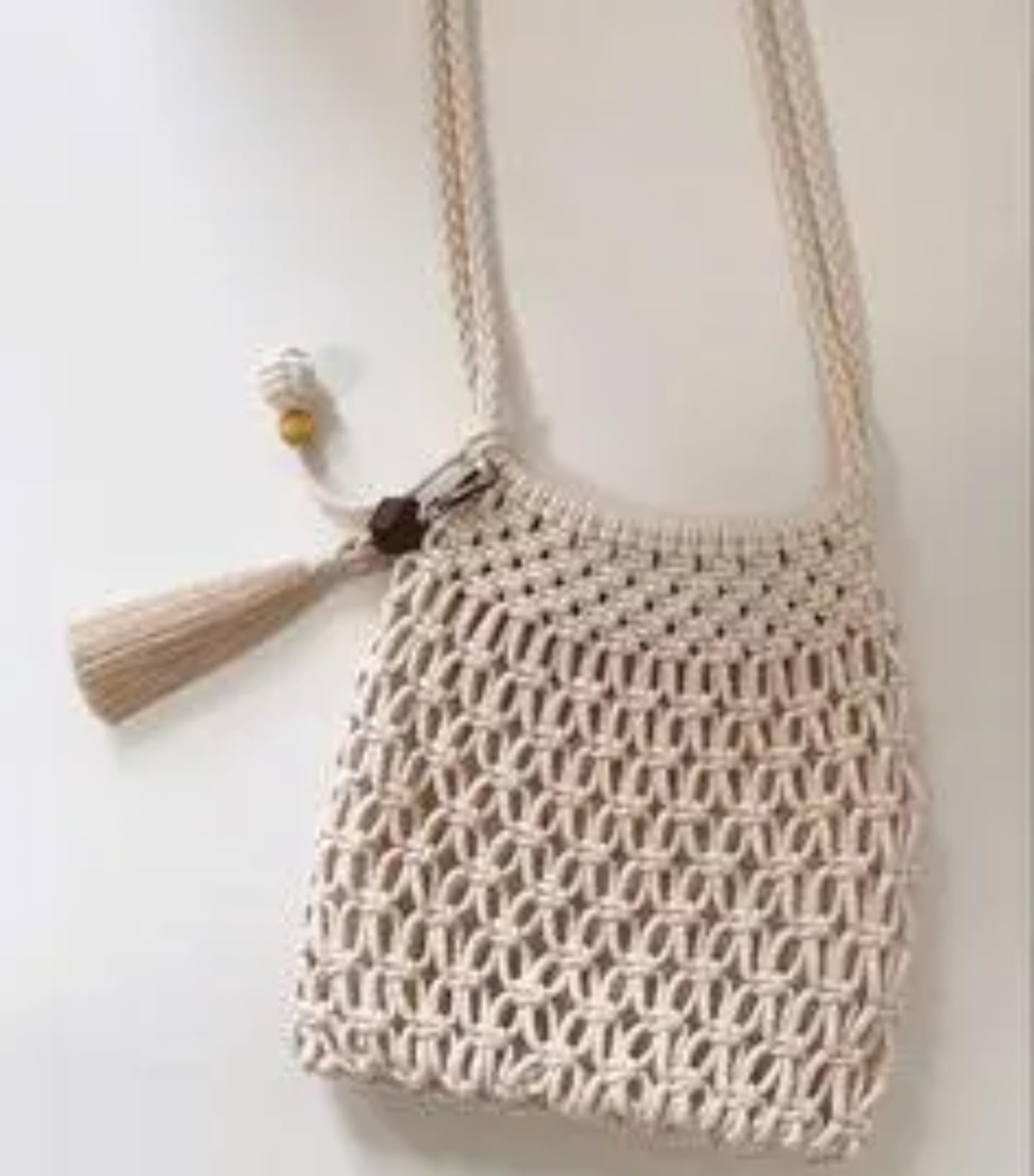 Handmade Macrame Hanging Storage Bag, Cream Cotton Rope, Wall Organiser