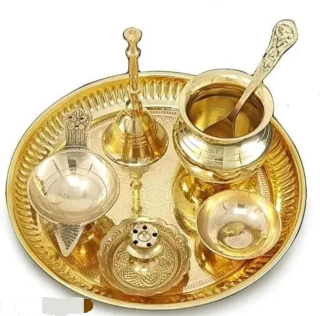 Traditional Gold Plated Brass Pooja Thali Set with Spoons, Decorative Religious Prayer Plate, Oval Shape, Antique Design