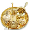 Traditional Gold Plated Brass Pooja Thali Set with Spoons, Decorative Religious Prayer Plate, Oval Shape, Antique Design