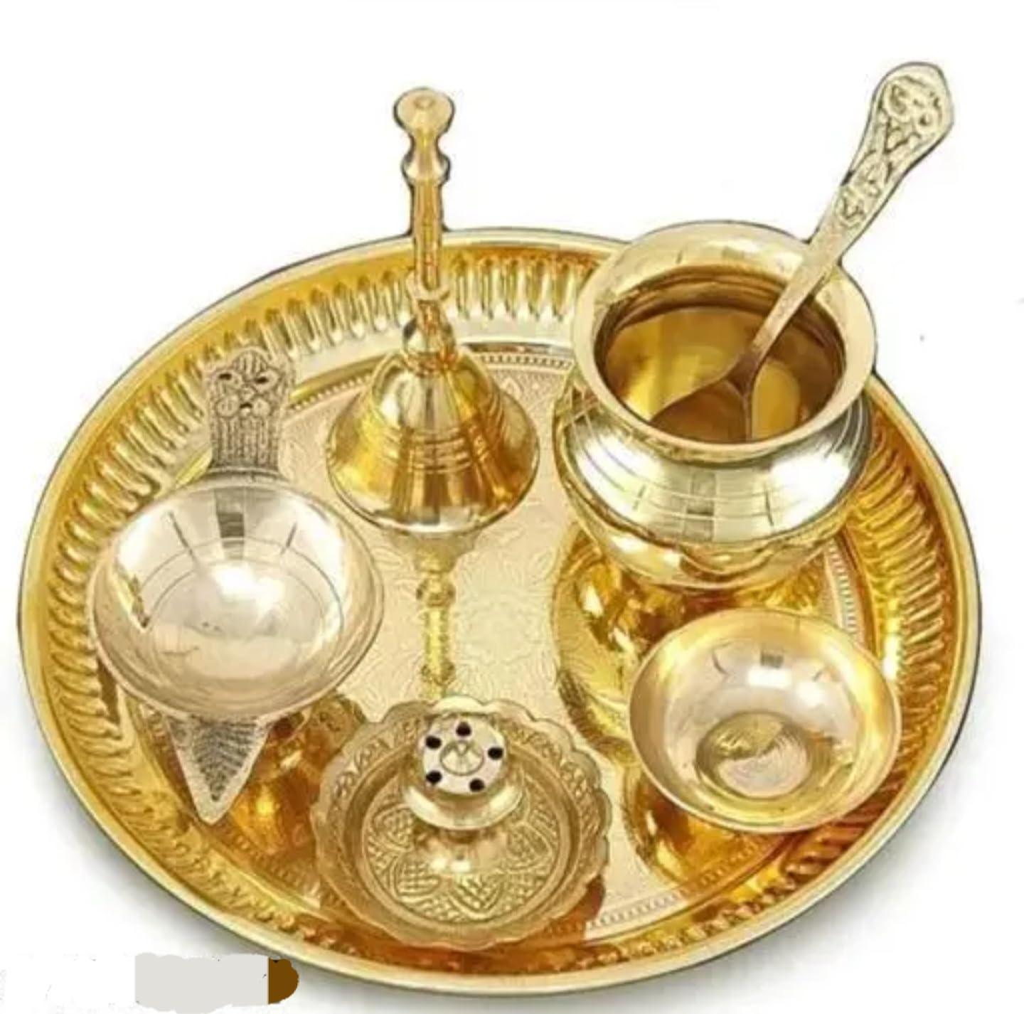 Traditional Gold Plated Brass Pooja Thali Set with Spoons, Decorative Religious Prayer Plate, Oval Shape, Antique Design