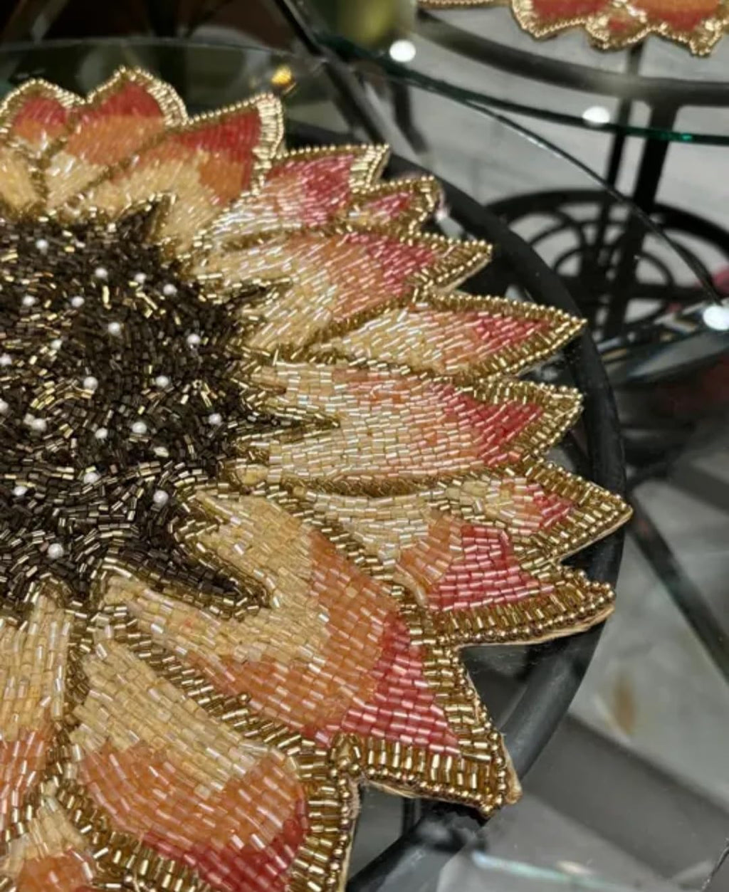 Beaded Sunflower Decorative Placemat, Gold and Coral, Floral Table Decor