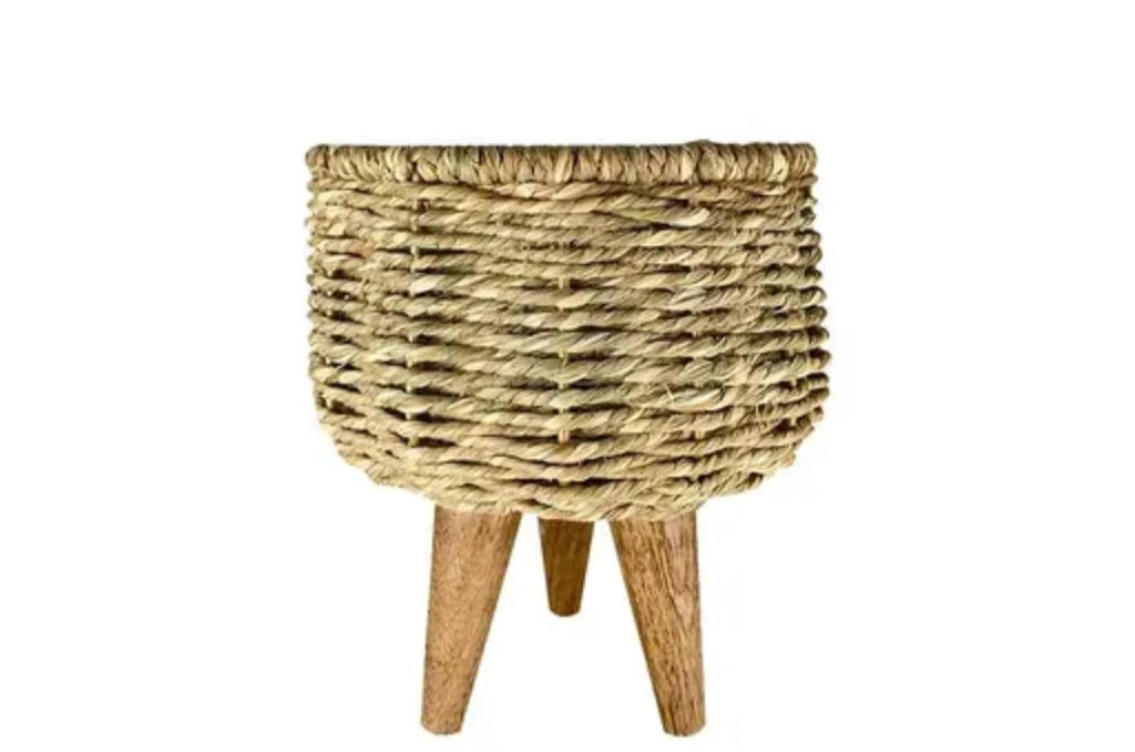 Woven Seagrass Plant Pot with Wooden Legs, Decorative Basket Planter for Monstera, Natural