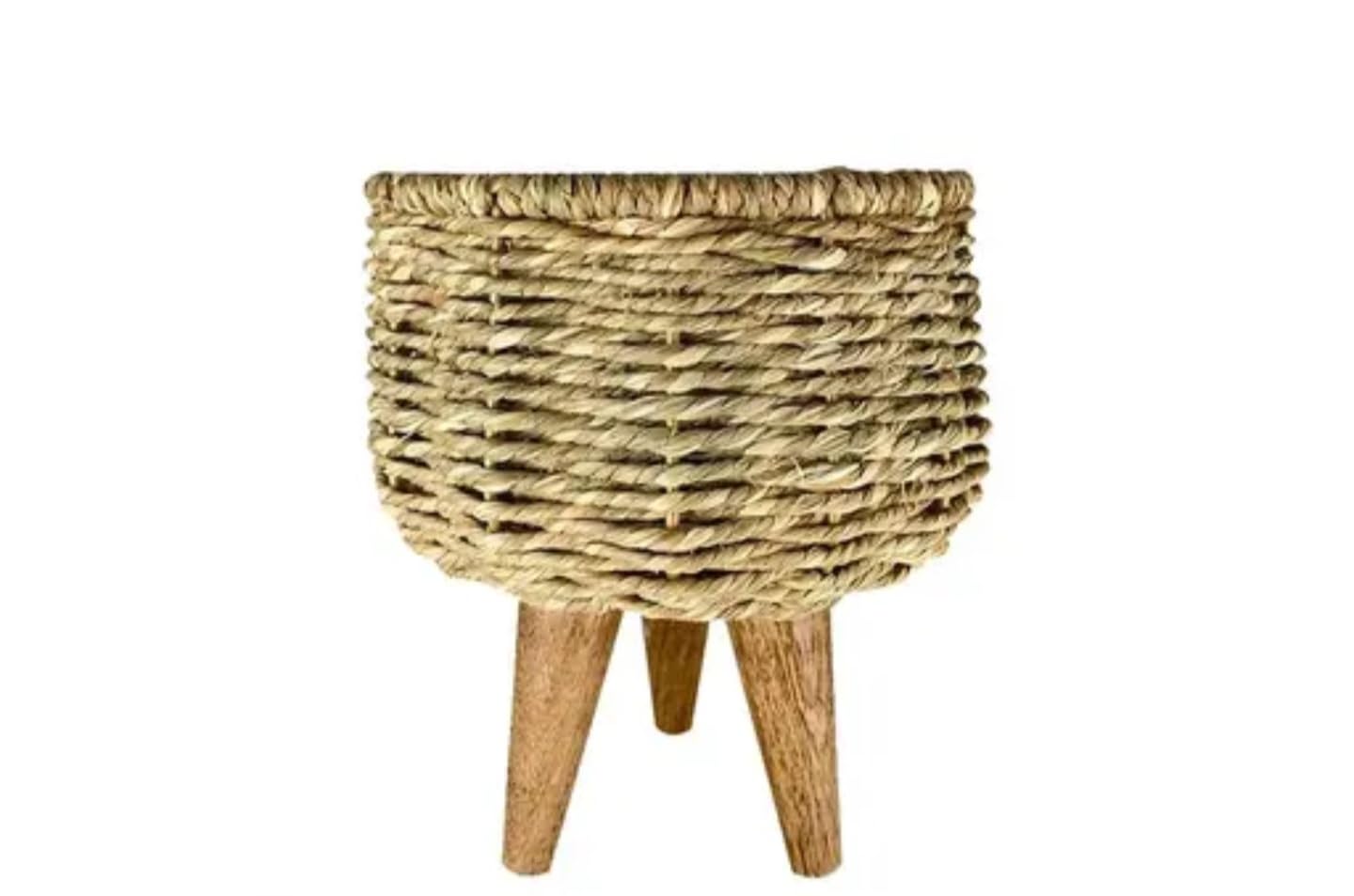 Woven Seagrass Plant Pot with Wooden Legs, Decorative Basket Planter for Monstera, Natural