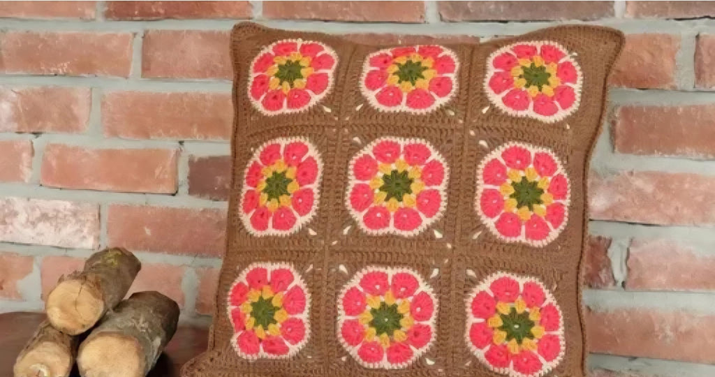 Handmade Crochet Throw Pillow Cover, Granny Square Floral Pattern, Brown and Coral