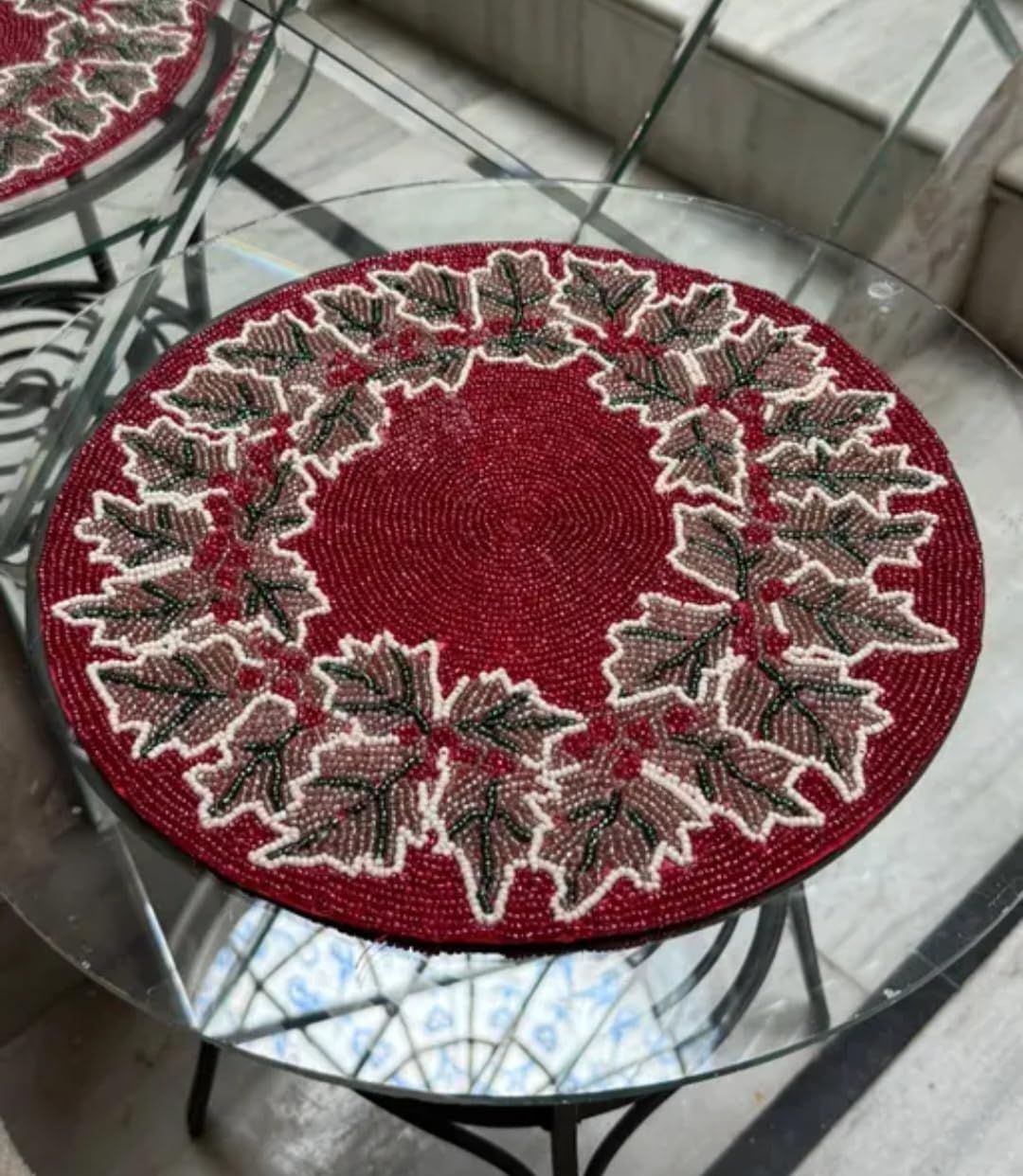 Beaded Round Placemat, Red with Maple Leaf Border, Handcrafted Table Decor