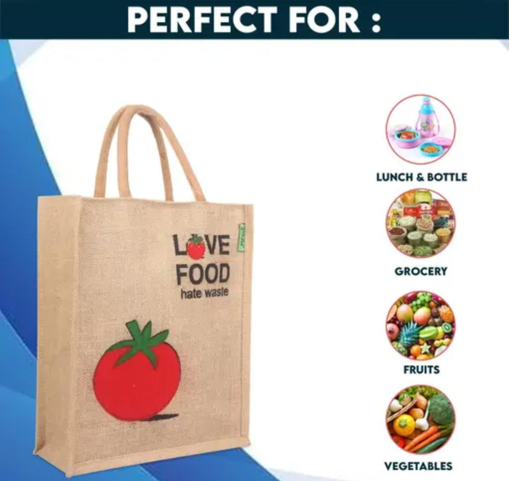 Reusable Jute Shopping Bag with Floral Design, Love Food Hate Waste Message, Natural