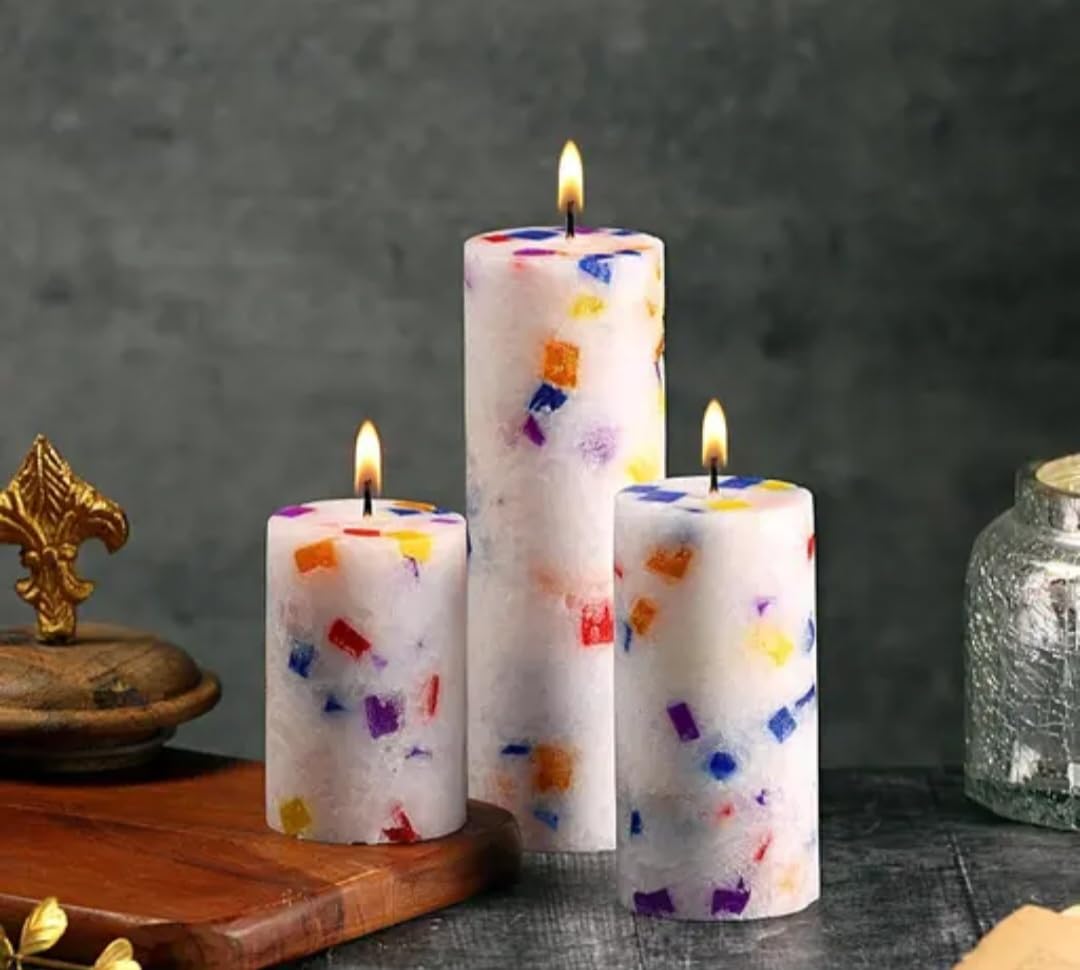 Colorful Confetti Pillar Candles, White Wax, Multicolor Mosaic Design, Set of 3, Home Decor