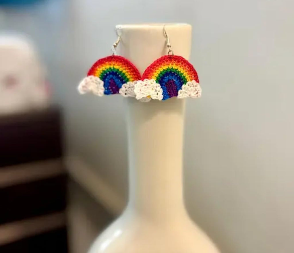 Handmade Rainbow Earrings with Clouds, Colorful Crochet Dangle Earrings, LGBTQ Pride Jewelry