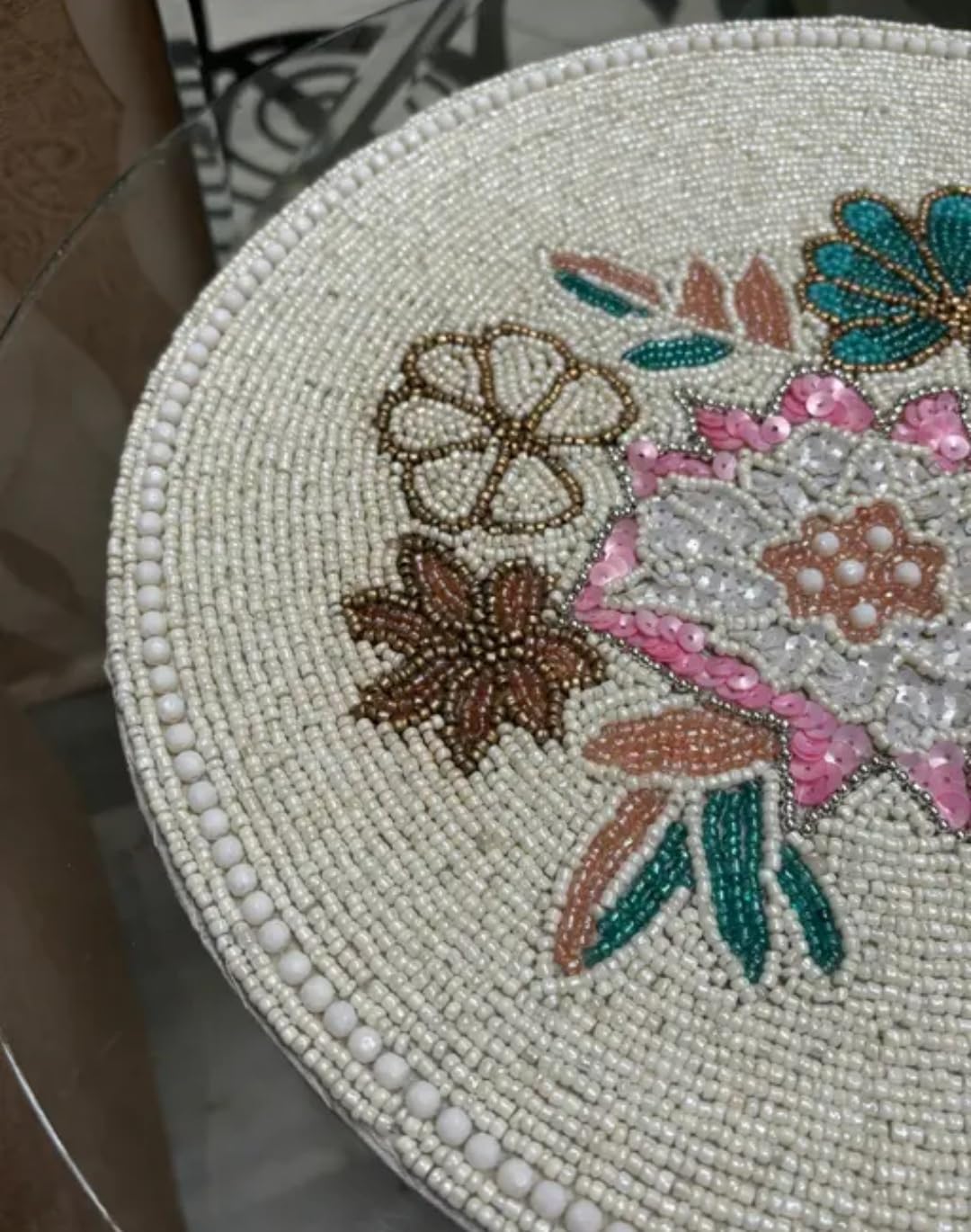 Beaded Round Placemat, Floral Embroidered Design, White with Multicolor Flowers, Handcrafted Table Decor