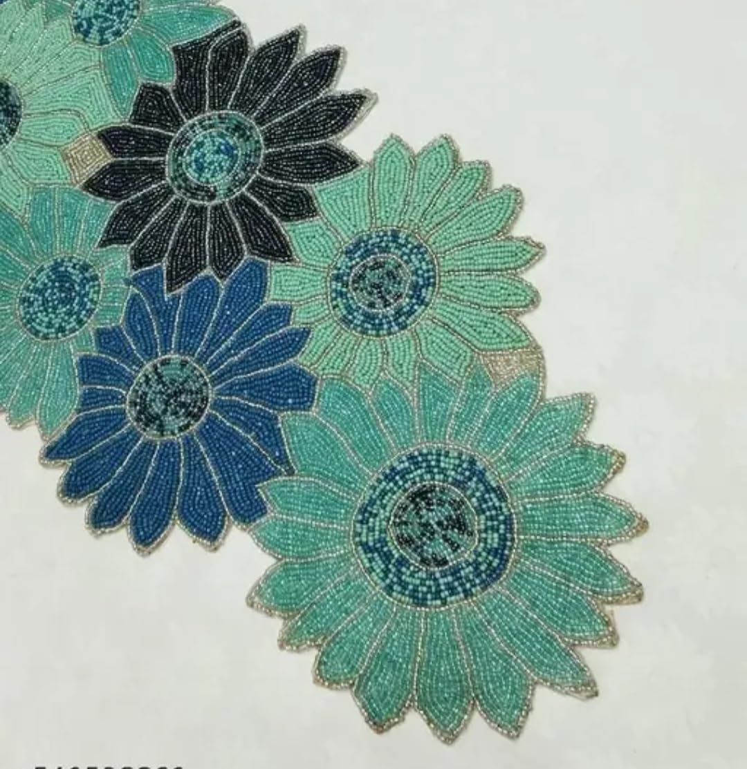 Beaded Floral Table Runner, Teal and Blue, Handcrafted Flower Design, Decorative Dining Table Decor
