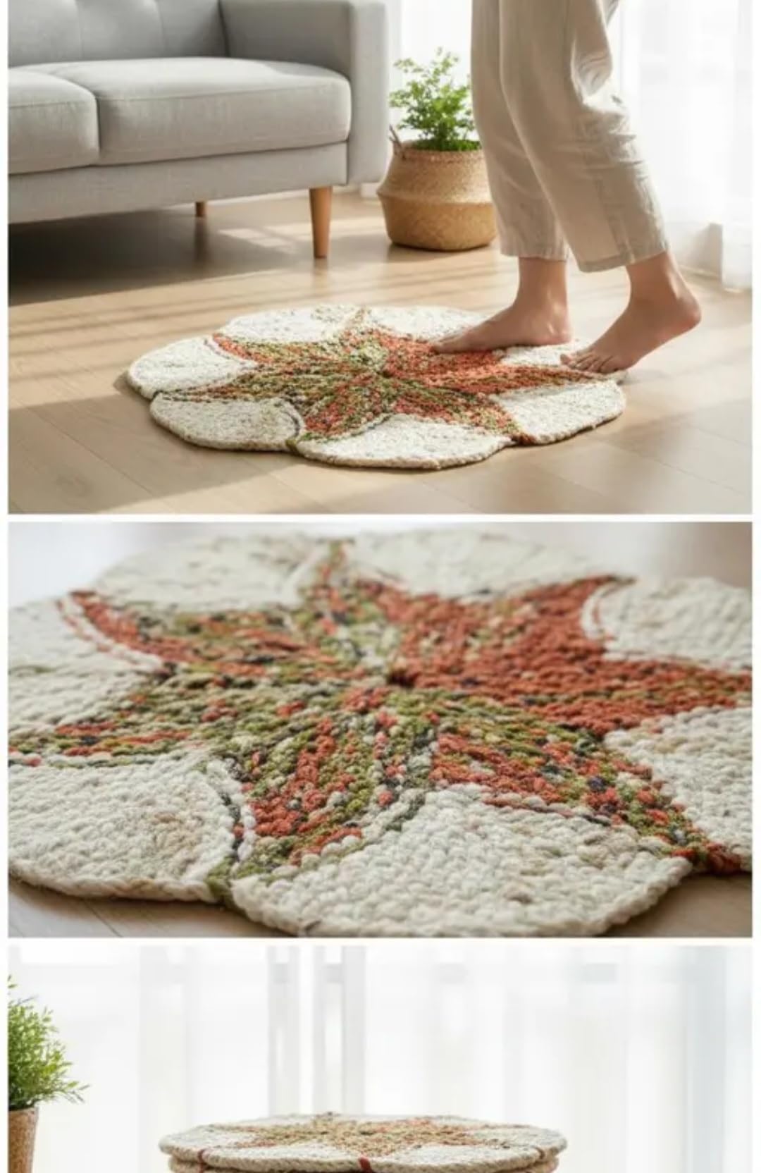 Round Floral Star Accent Rug, Cream and Rust, Handwoven Area Rug for Living Room