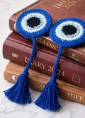 Crochet Evil Eye Bookmark with Tassel, Blue, Handmade, Set of 2