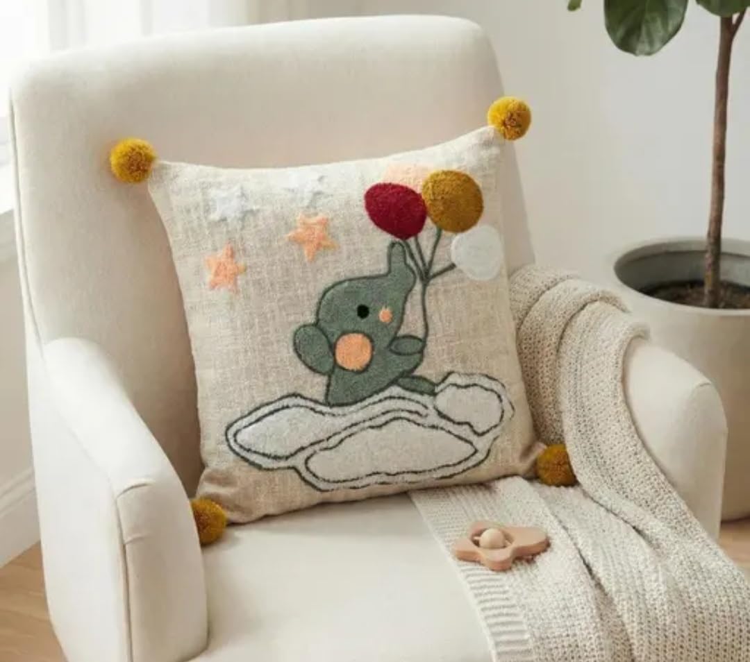 Kids Handmade Cushion Cover with Elephant on Cloud Design, Pom Pom Accents, Nursery Decor