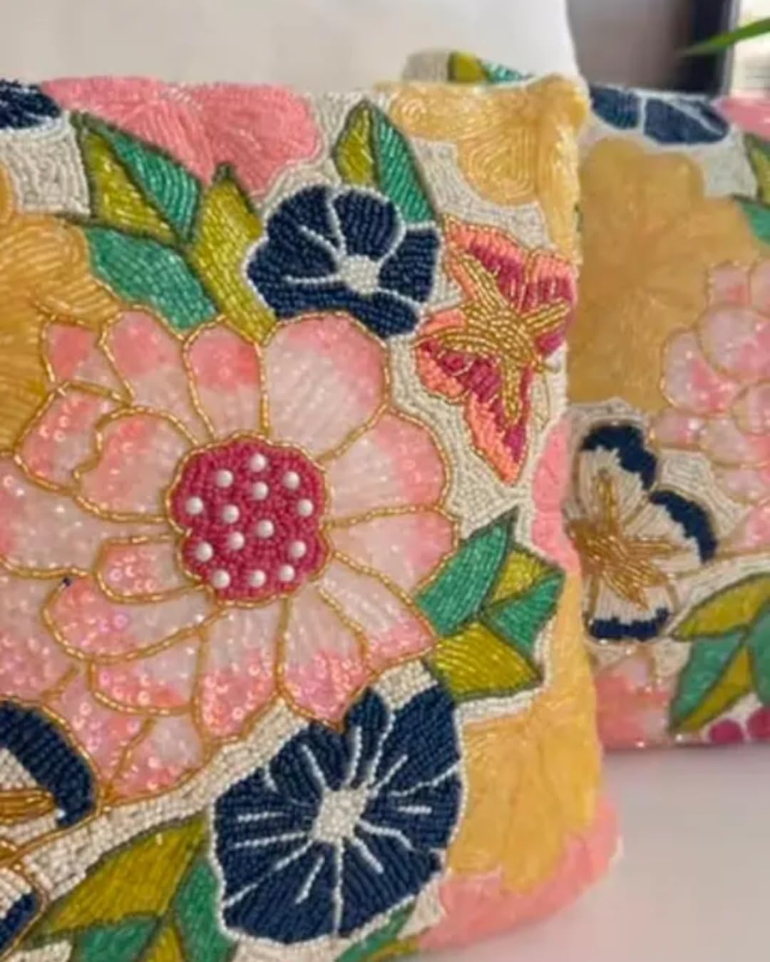 Beaded Throw Pillow Cover, Colorful Boho Flower Design, Decorative Handcrafted Cushion Cover for Sofa