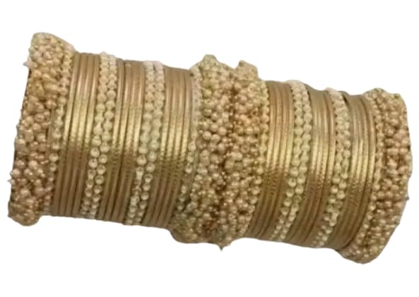 Gold-Tone Pearl Beaded Bangles Set, Traditional Indian Bridal Chura, Festive Occasion